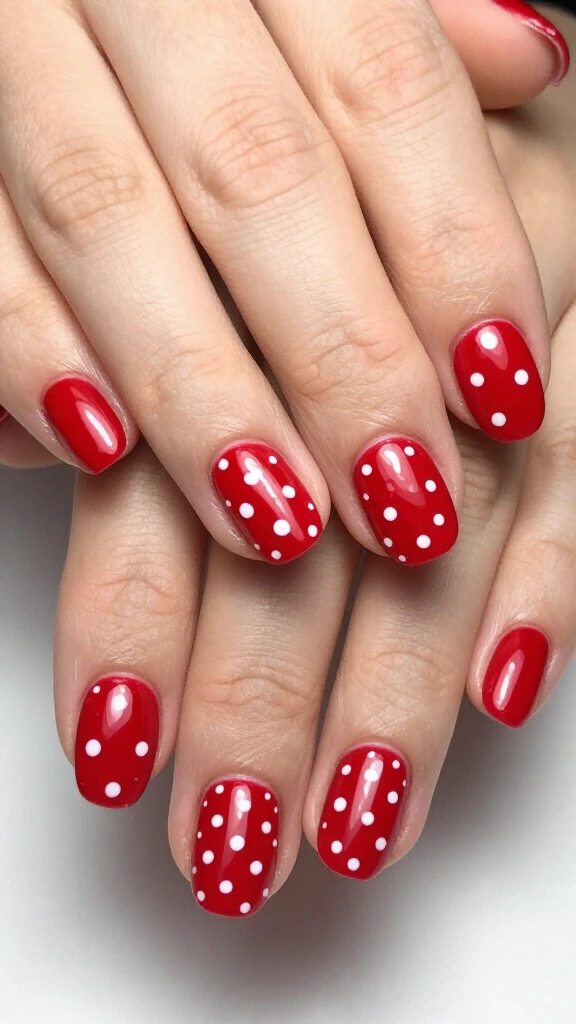 Short red and white dot nails