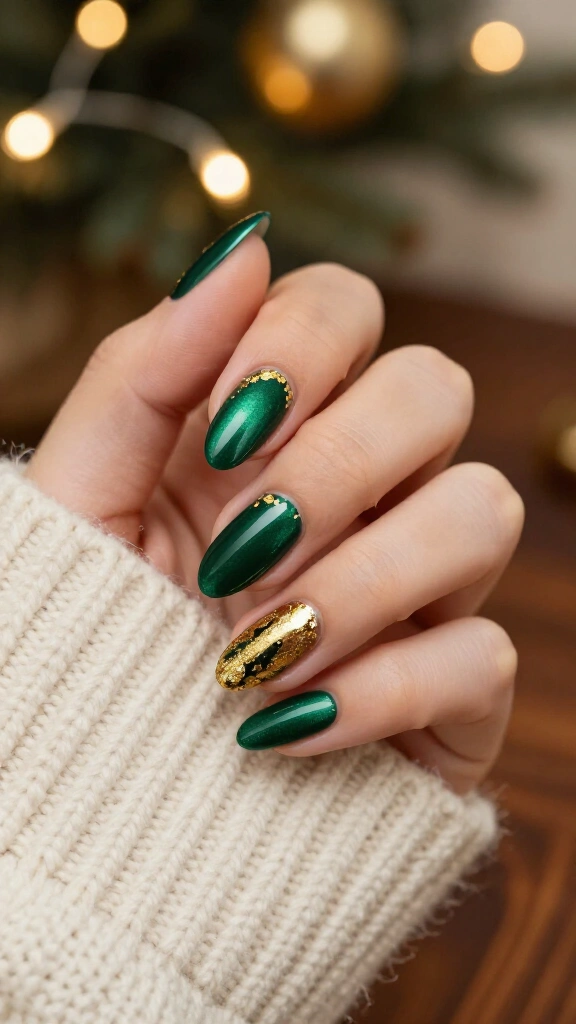Velvet Emerald and Gold Leaf Accents