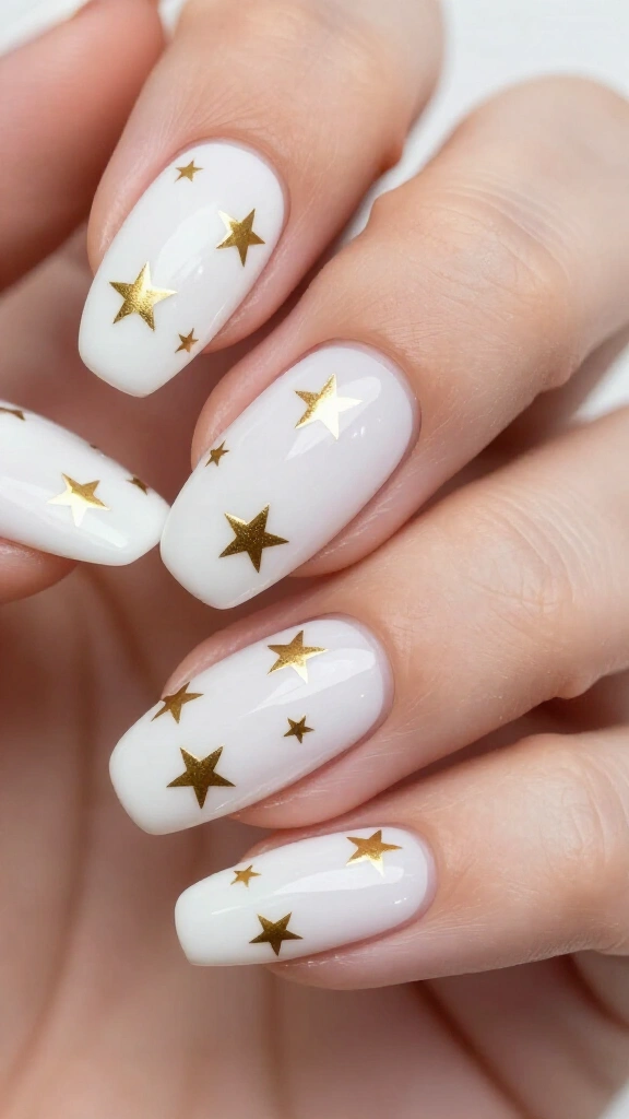 Milky White Nails with Dainty Gold Stars