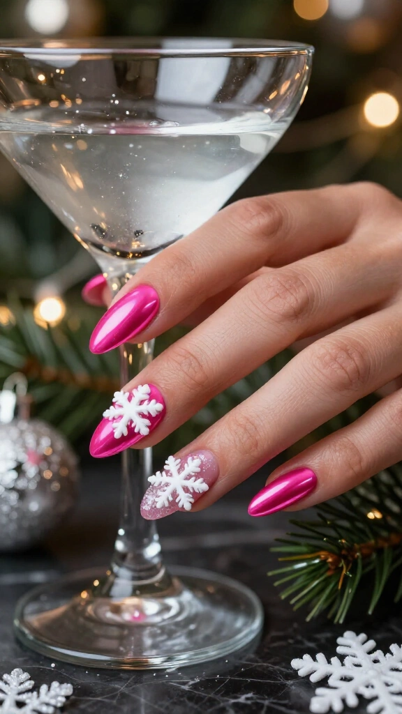 Hot pink chrome with 3D snowflakes