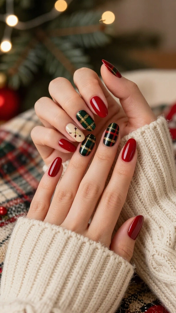Retro plaid Christmas nails