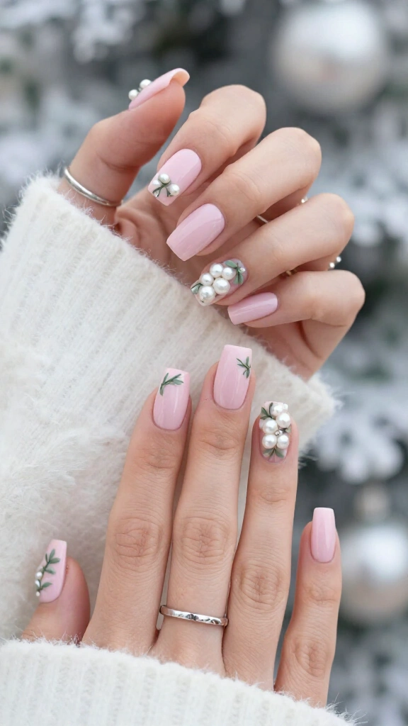 Mistletoe and pearl baby pink square nails