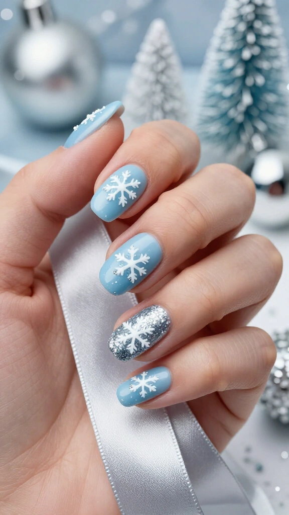 Frosty blue snowflake nails