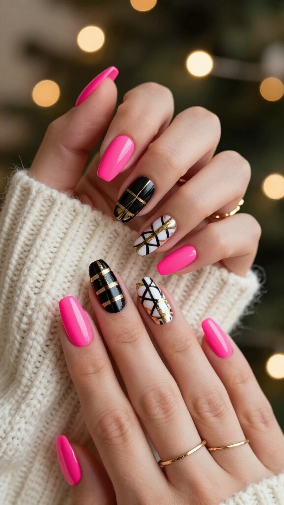 Neon pink plaid tartan accent nails