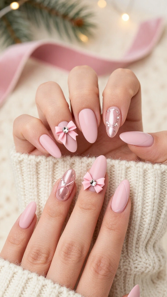 Matte blush ribbons and rhinestone bows