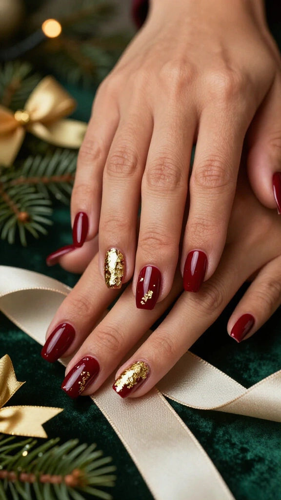 Red nails with gold foil accents