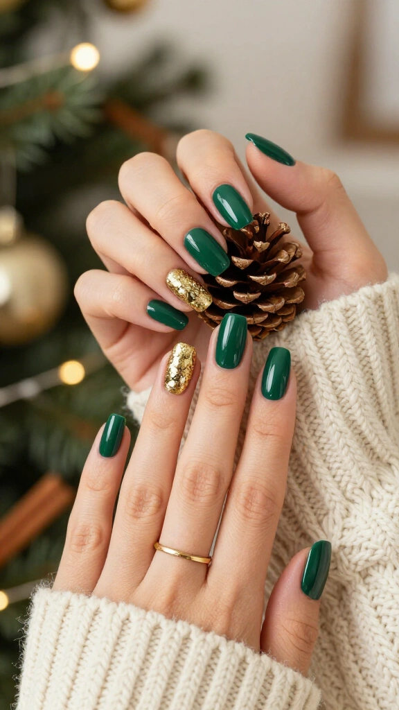 Emerald green and gold Christmas nails