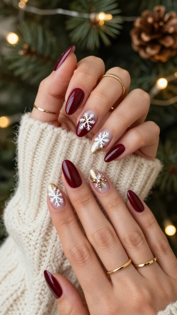 White snowflake nails with gold details