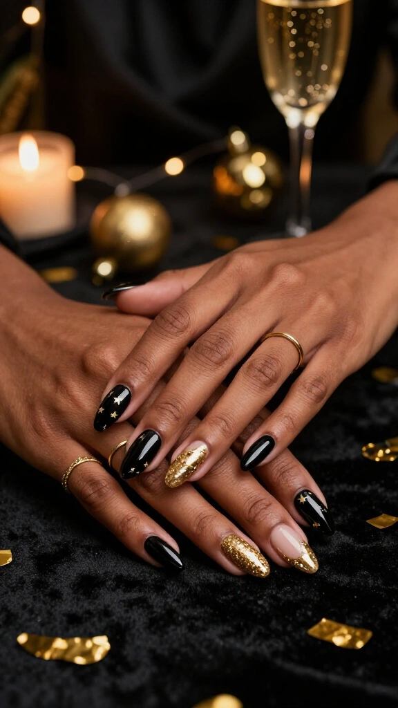 Black and gold Christmas party nails