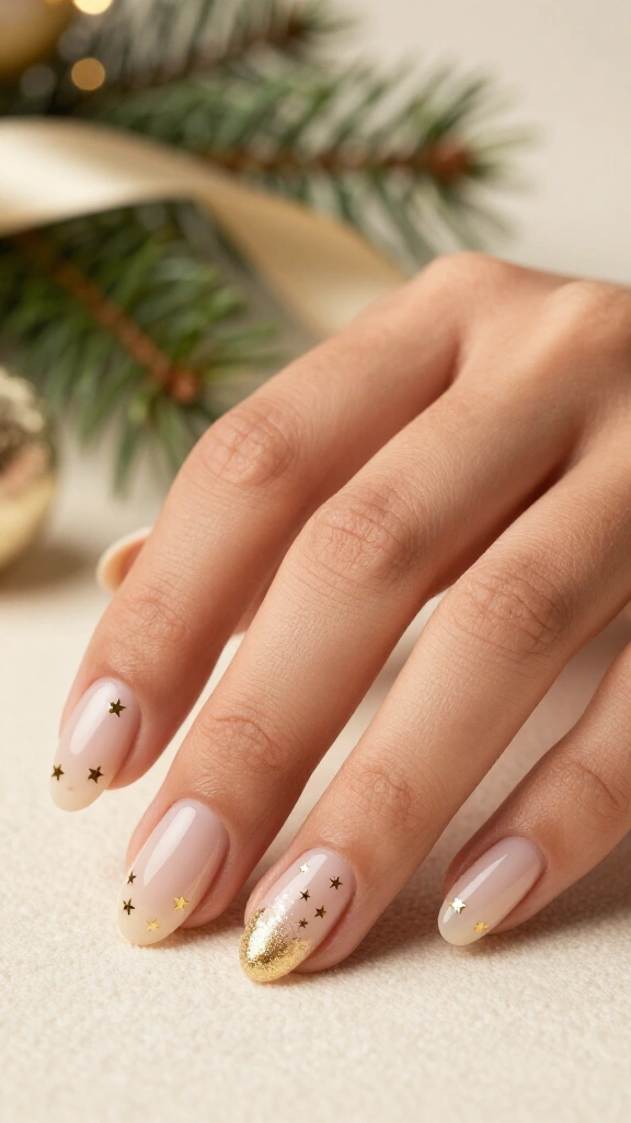 Nude nails with gold Christmas stars