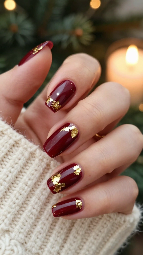 Burgundy nails with gold leaf