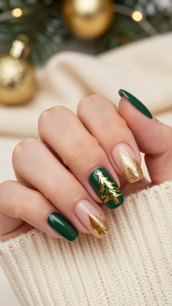 Gold Christmas tree accent nails