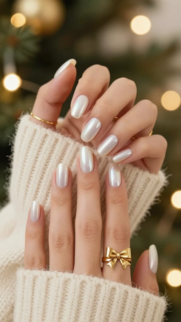 Pearl white nails with gold bows