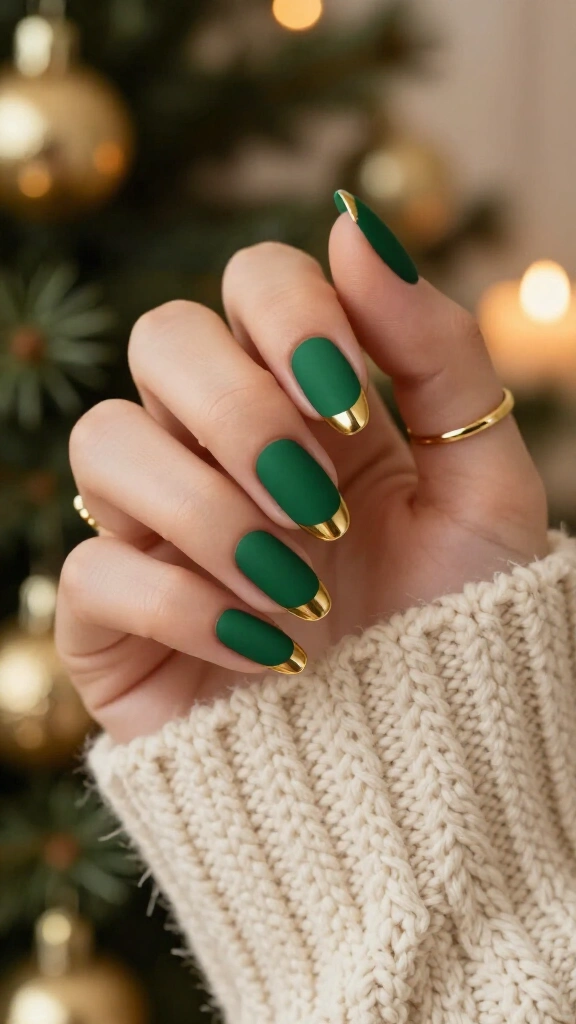 Matte green nails with shiny gold tips