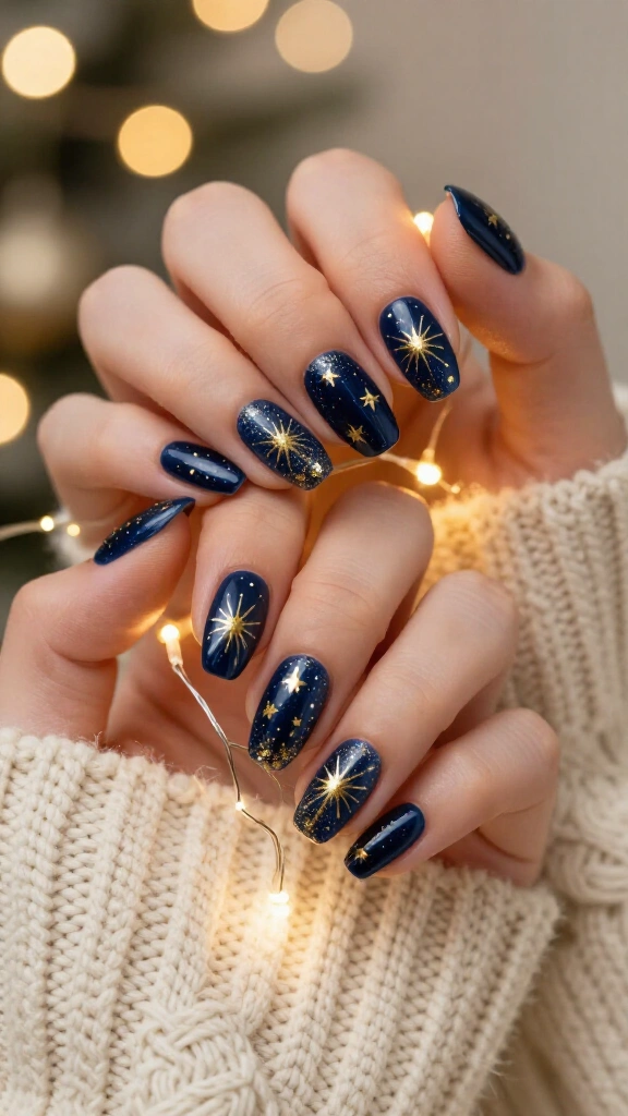 Gold starburst Christmas nails