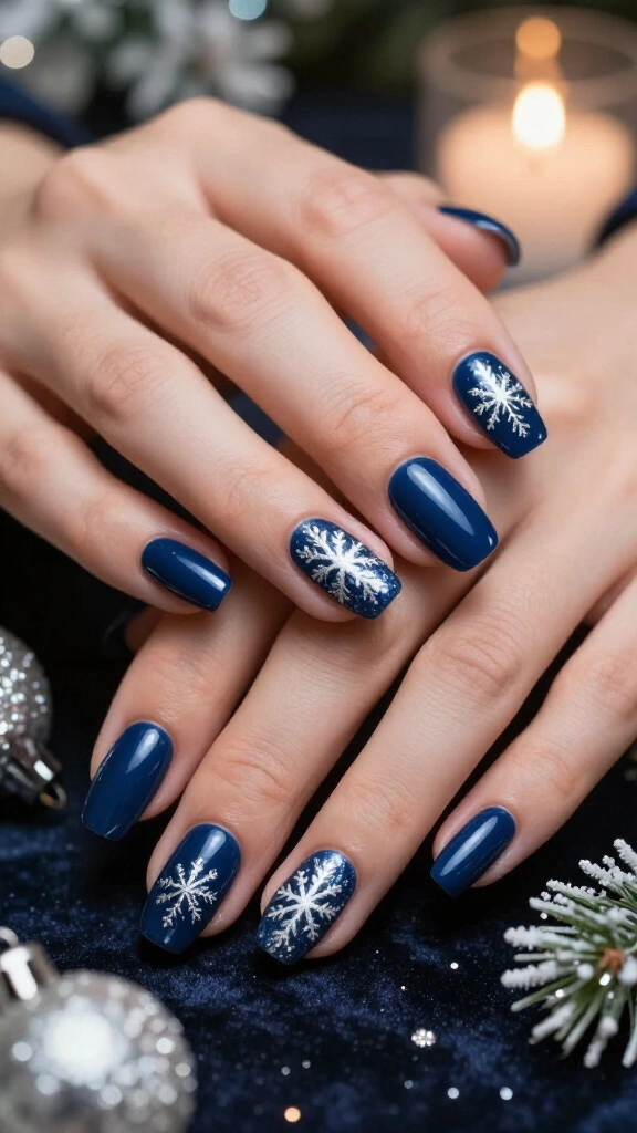 Midnight blue nails with silver snowflakes
