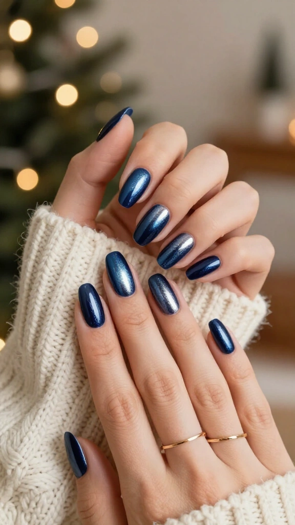 Navy blue chrome Christmas nails