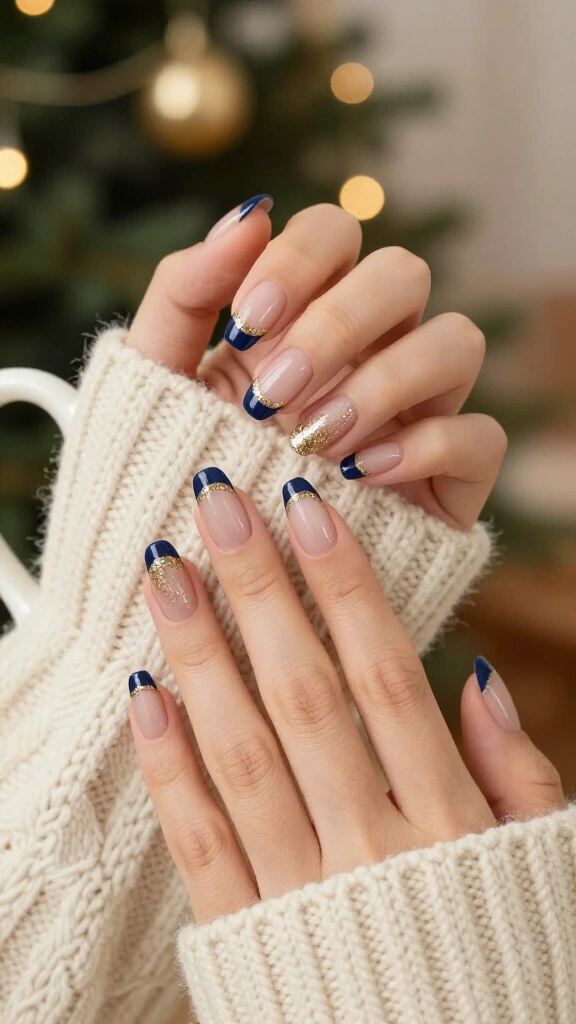 Navy French tips with gold glitter
