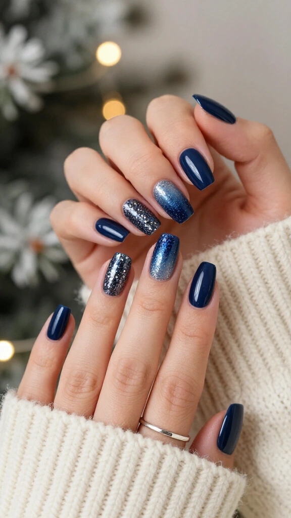 Dark blue glitter ombre nails
