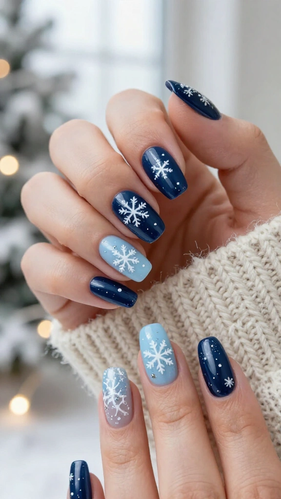 Icy blue and navy snowflake nails