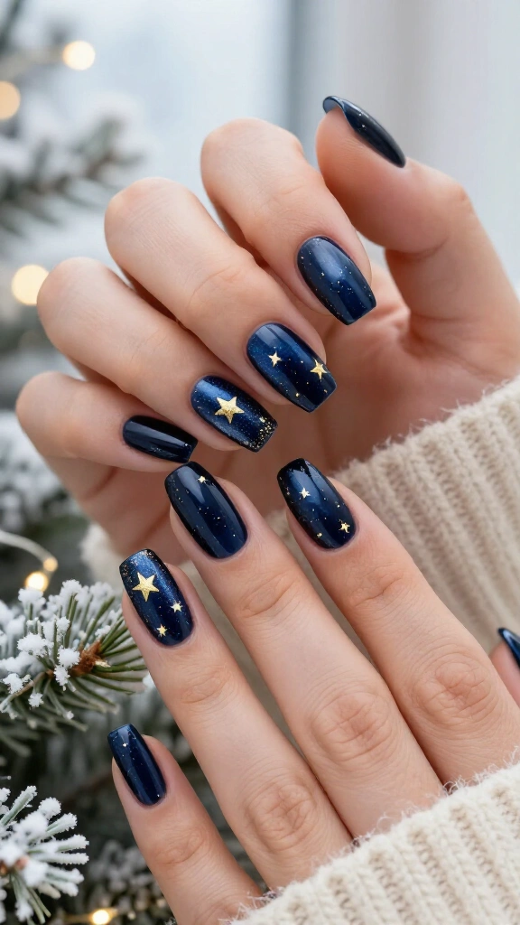 Dark blue nails with tiny gold stars