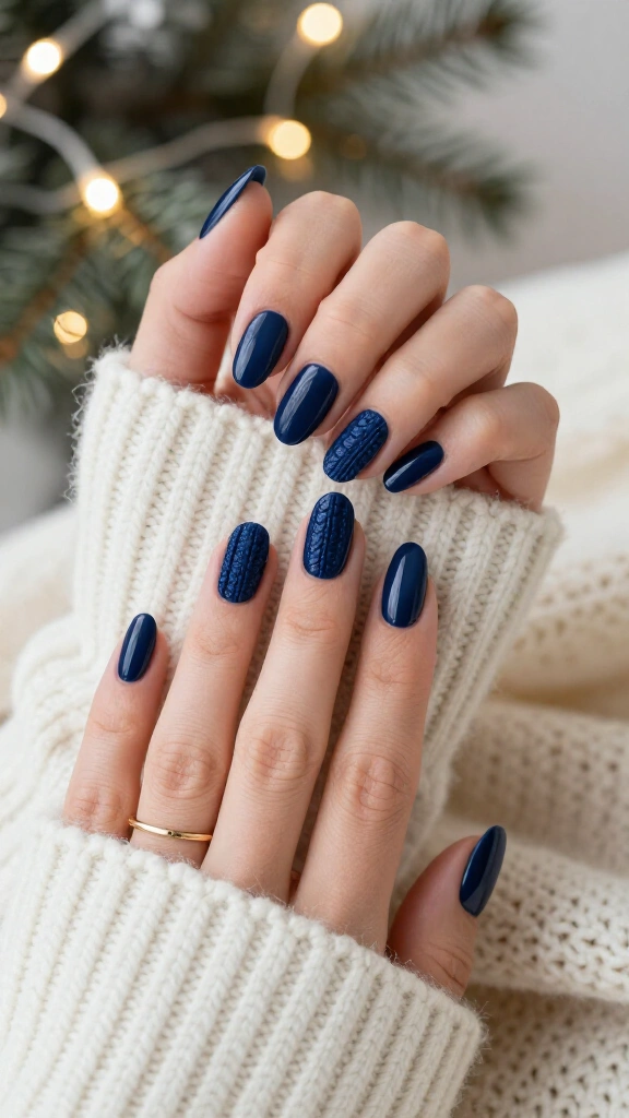 Navy blue sweater texture nails