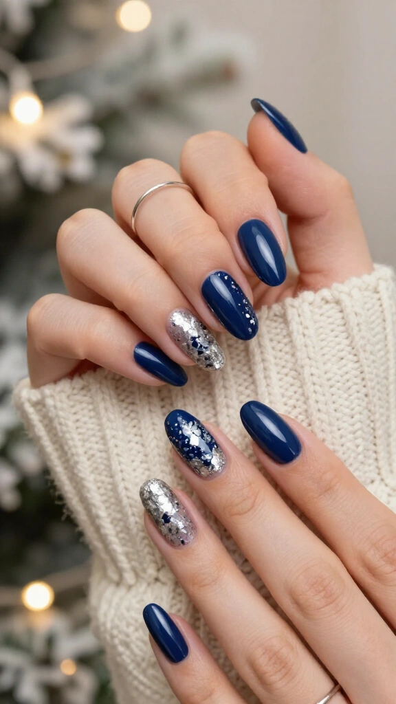 Deep blue nails with silver foil