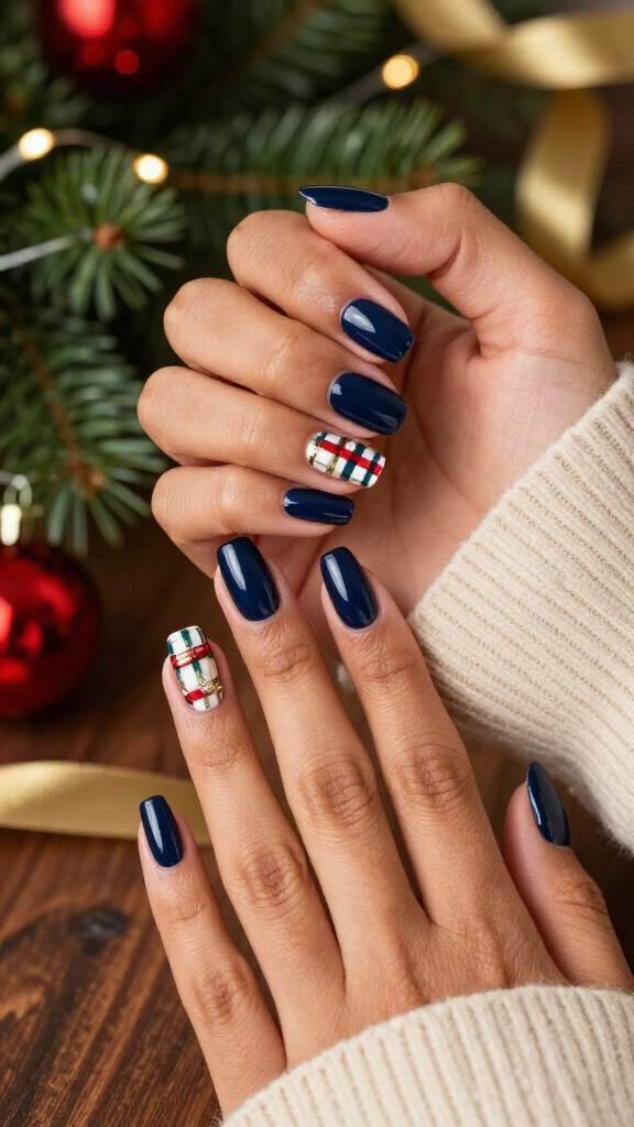 Navy blue Christmas plaid nails