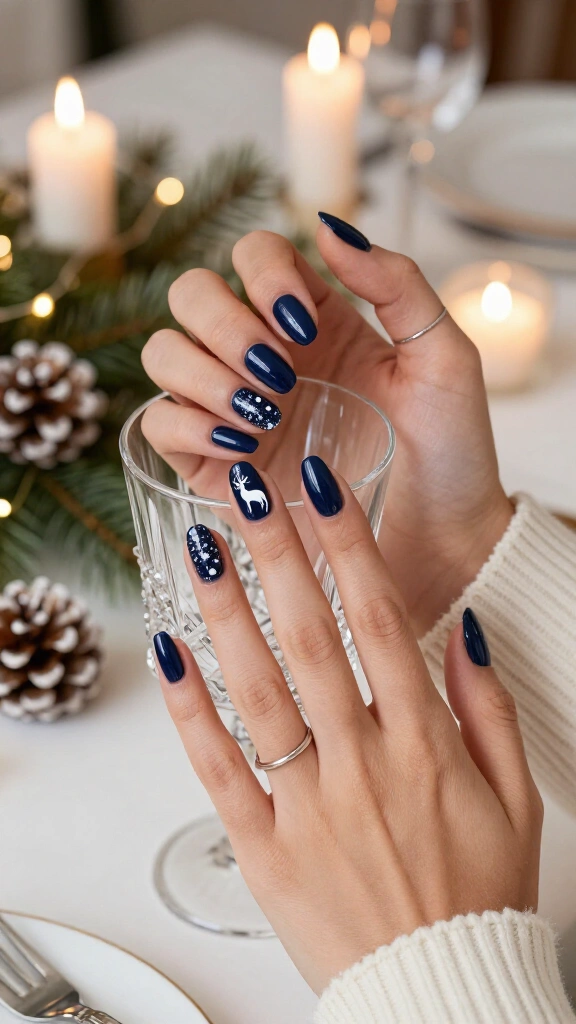 Dark blue nails with white reindeer accents