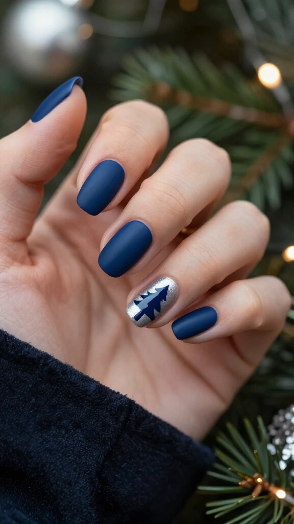 Matte navy nails with glossy Christmas trees
