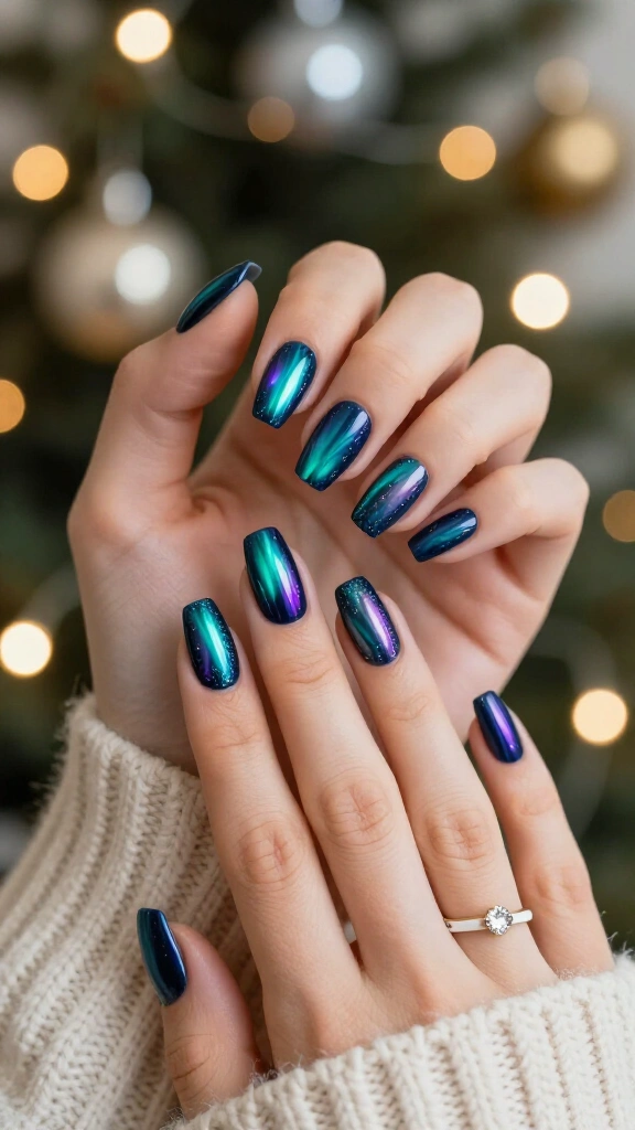 Blue aurora borealis Christmas nails