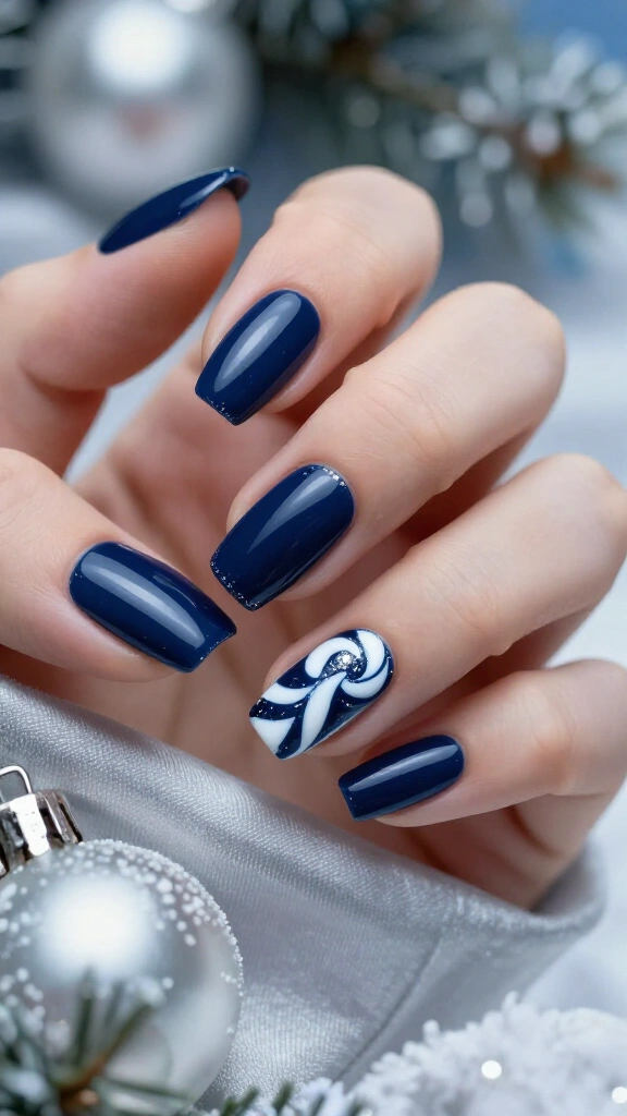 Dark blue candy cane swirl nails