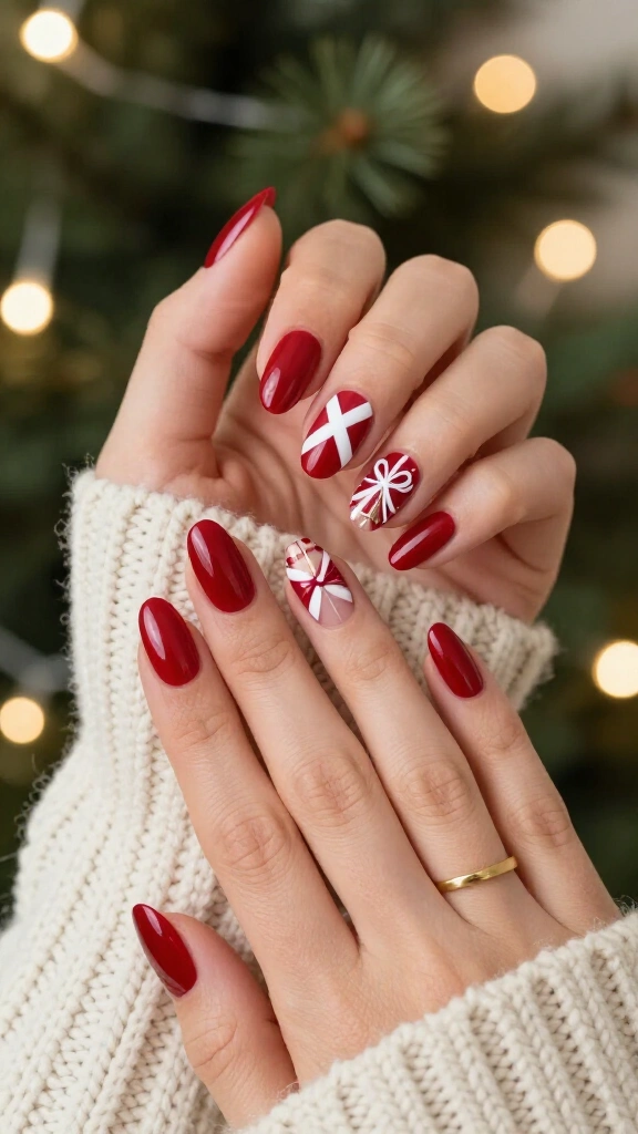 Classic Crimson Gift Wrap Nails