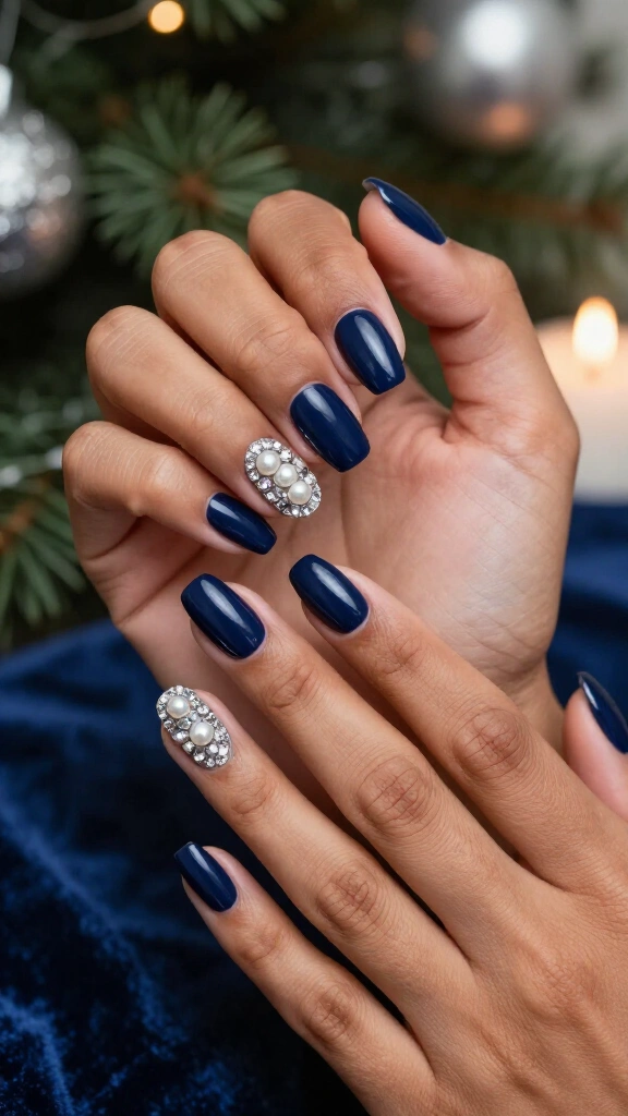 Navy blue nails with crystal cuticles