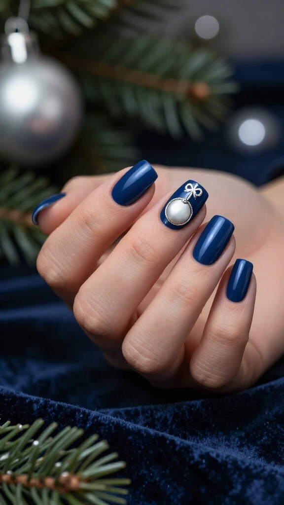 Dark blue nails with silver ornament details