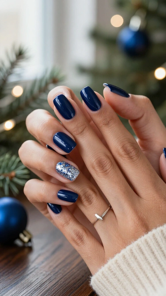 Classic glossy navy nails with one glitter accent