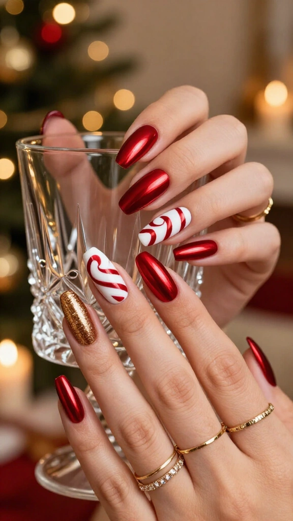 Red chrome candy cane nails