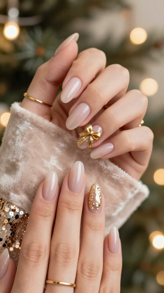 Gold bow Christmas nails