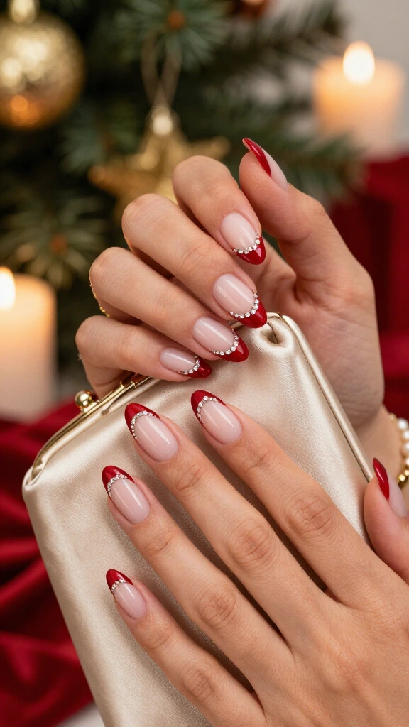 Ruby red rhinestone French tips