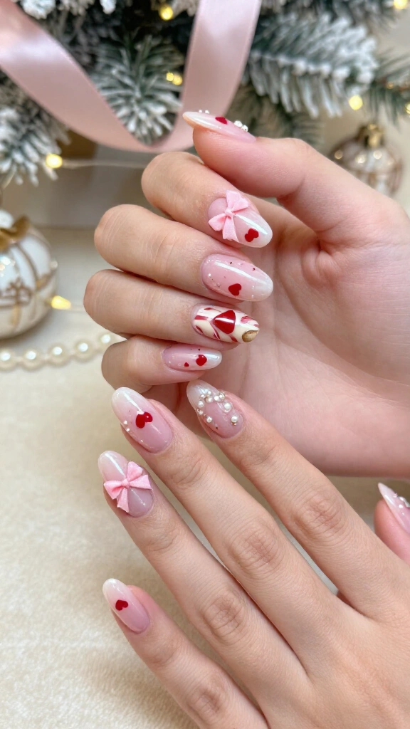 Pink coquette Christmas nails