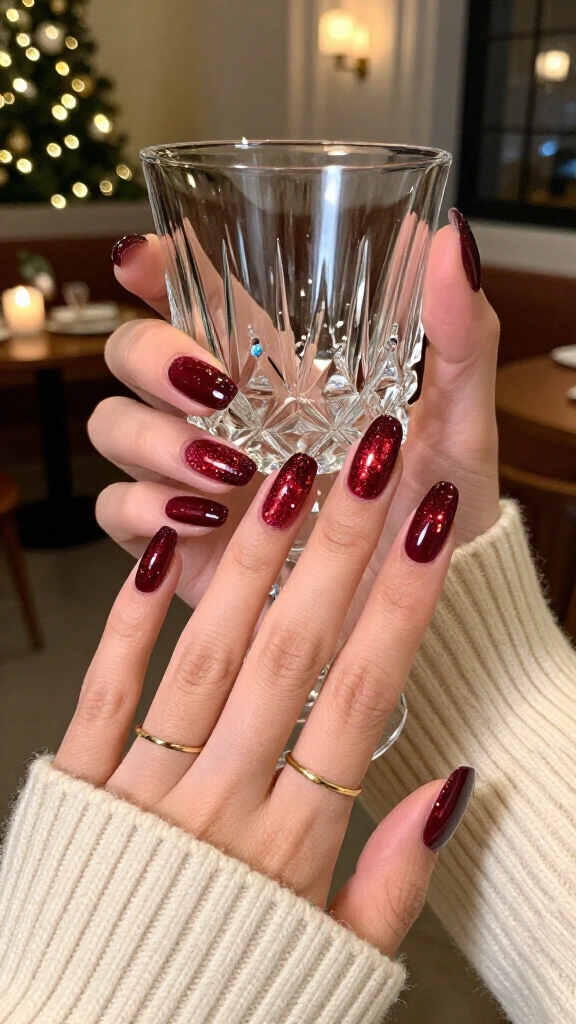 Burgundy glitter aura nails