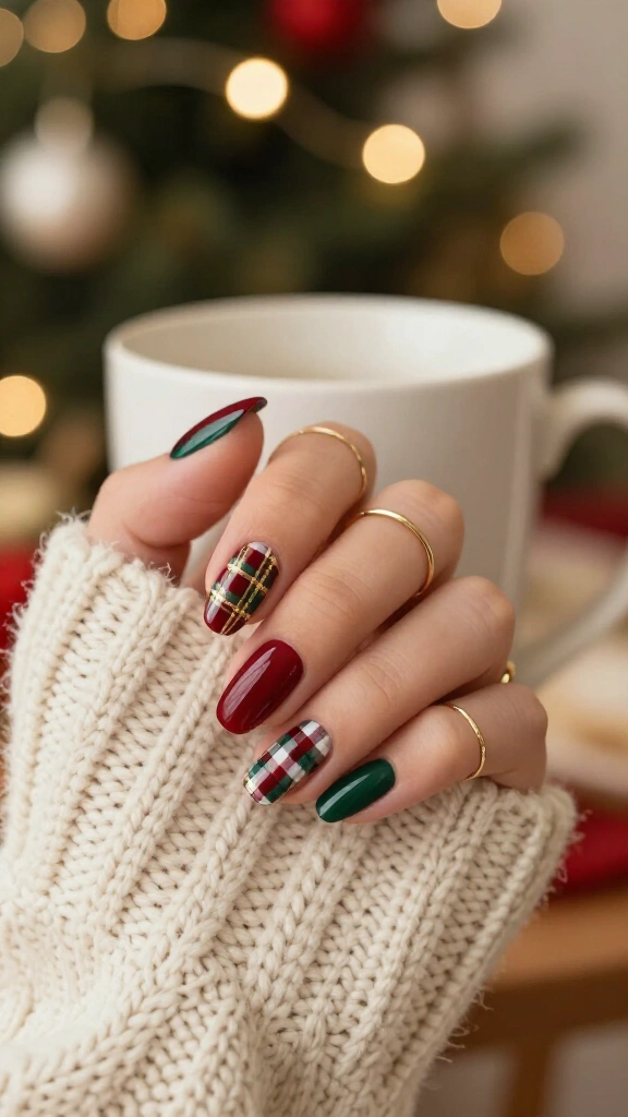 Plaid Christmas nails with gold lines