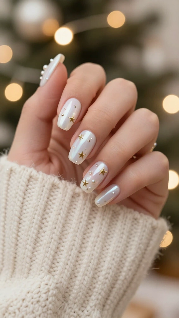 White pearl and gold star nails
