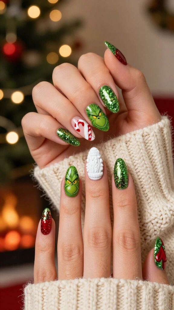 Grinch inspired green glitter nails