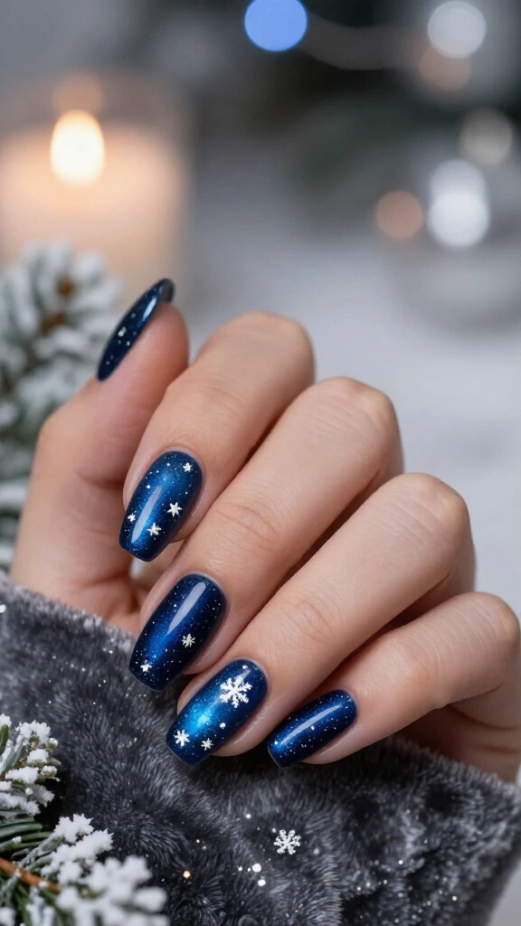Deep blue galaxy Christmas nails