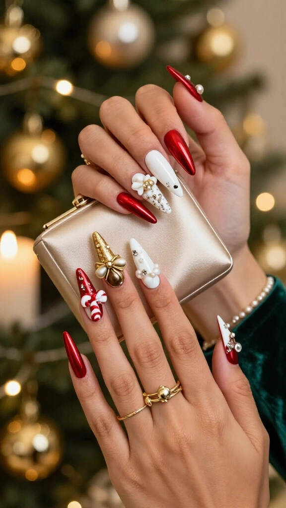Full glam Christmas charm nails