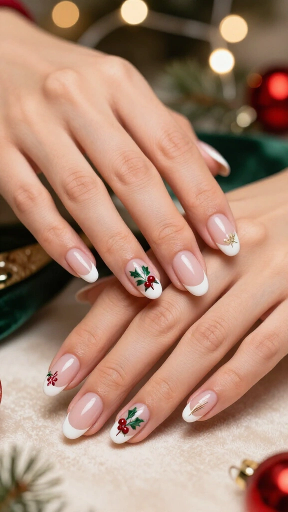 Classic French Tips with Holly Berries and Noel Script