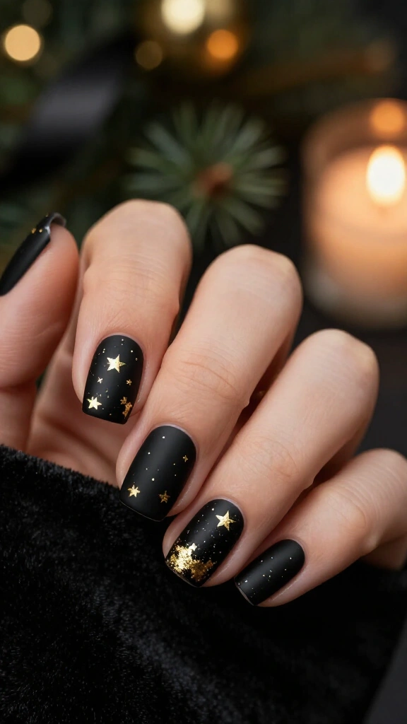Matte black nails with gold foil stars