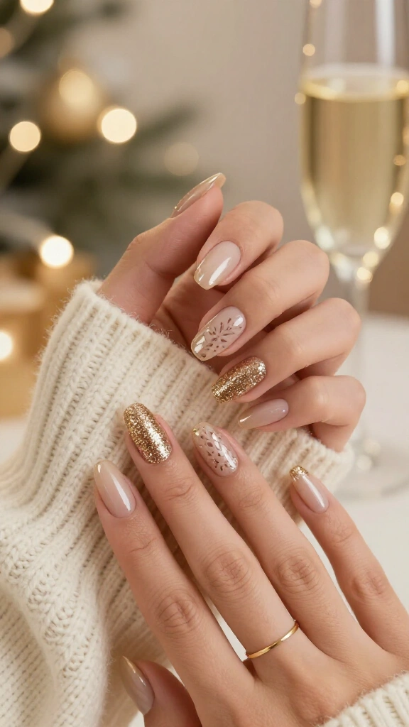 Metallic Champagne Sparkle with Noel Stenciling