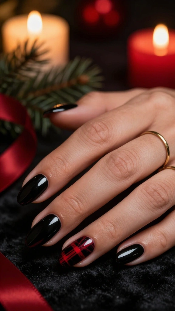 Black and red plaid accent nails